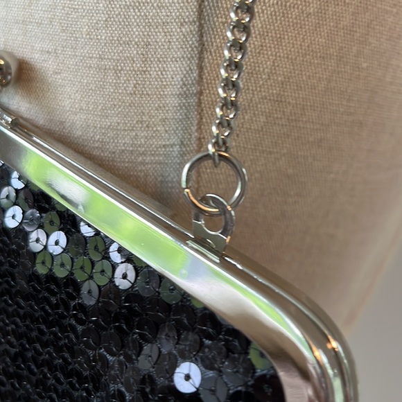 LOFT Black sequined clutch purse with silver metal trim and chain - Picture 5 of 6